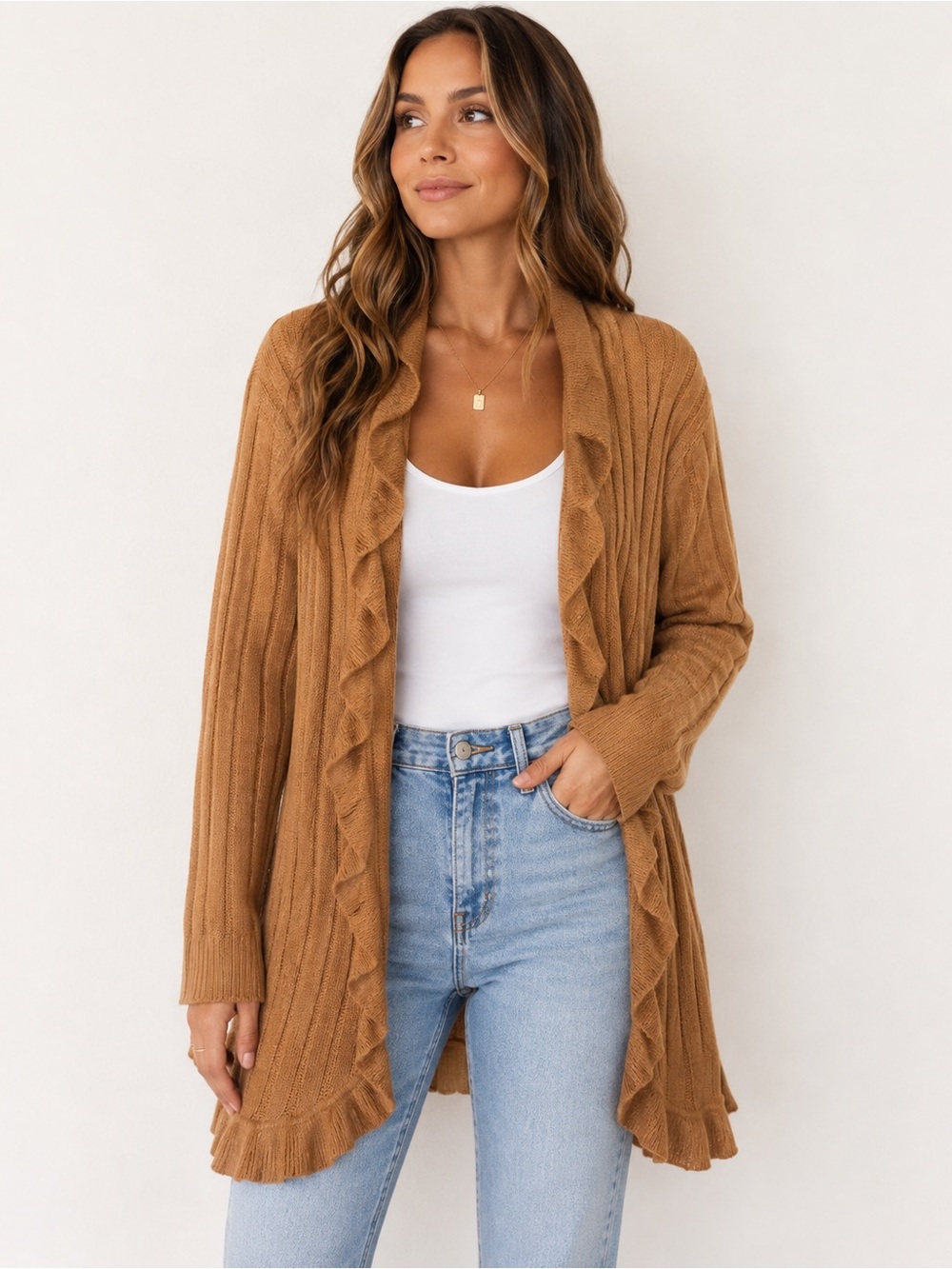 CV Classics Ruffled Open-Front Cardigan Camel Brown sweater 1X long duster comfy